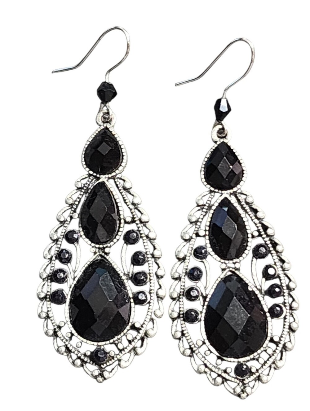 Black Teardrop Filigree Dangle Earrings